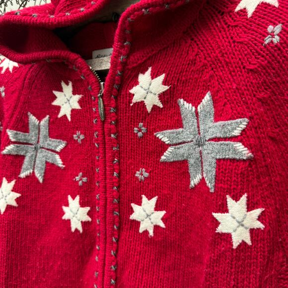 Y2K Eddie Bauer Lambswool Fair Isle Quilt Barn Star Snowflake Hooded Cardigan LG - Picture 2 of 10